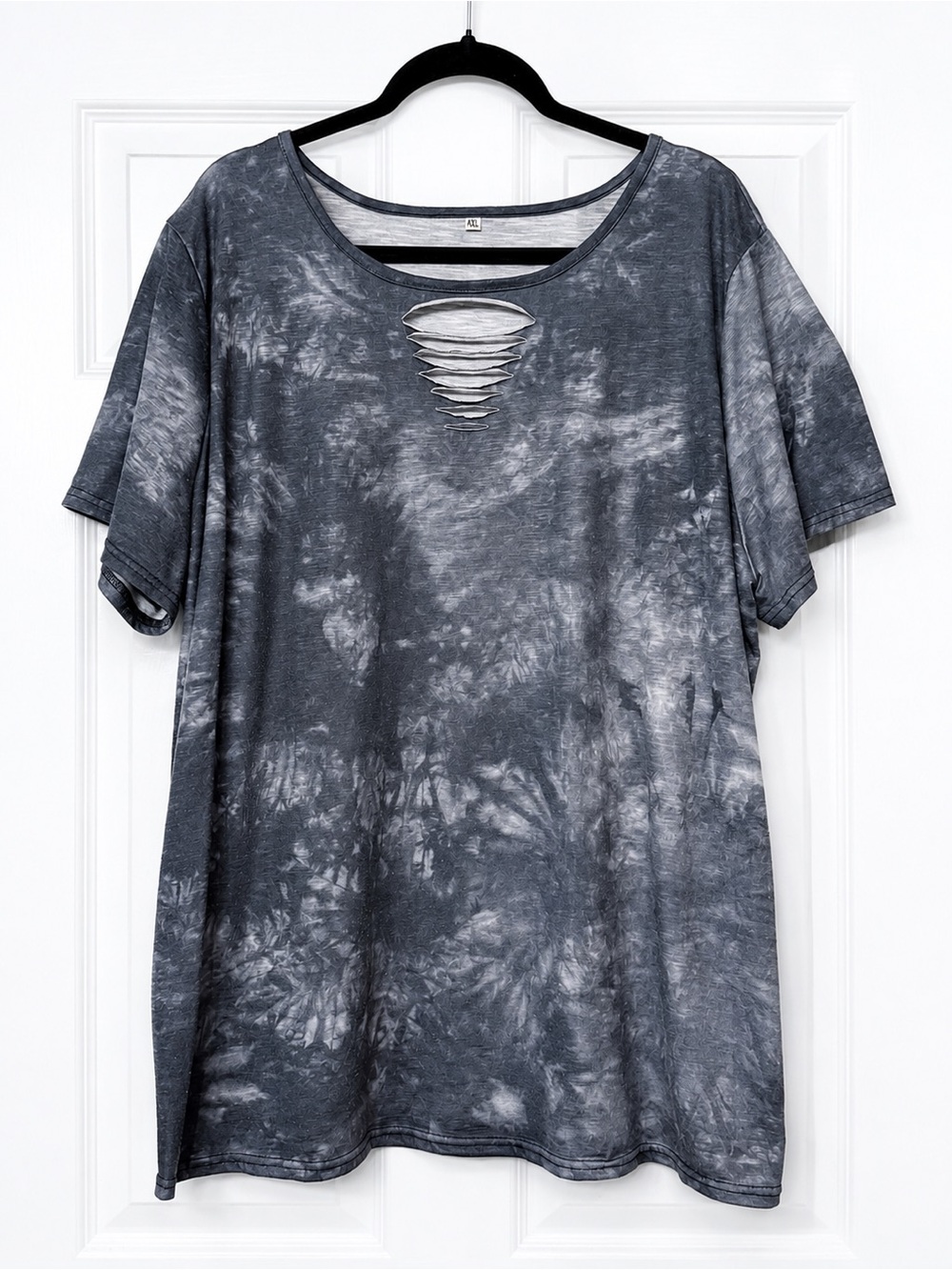 Women’s 4XL Charcoal Tie Dye Distressed Cutout Short Sleeve Top